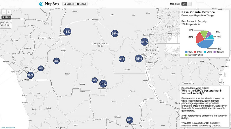 Interactive map screenshot of international partnerships for national security survey results in the Democratic Republic of the Congo
