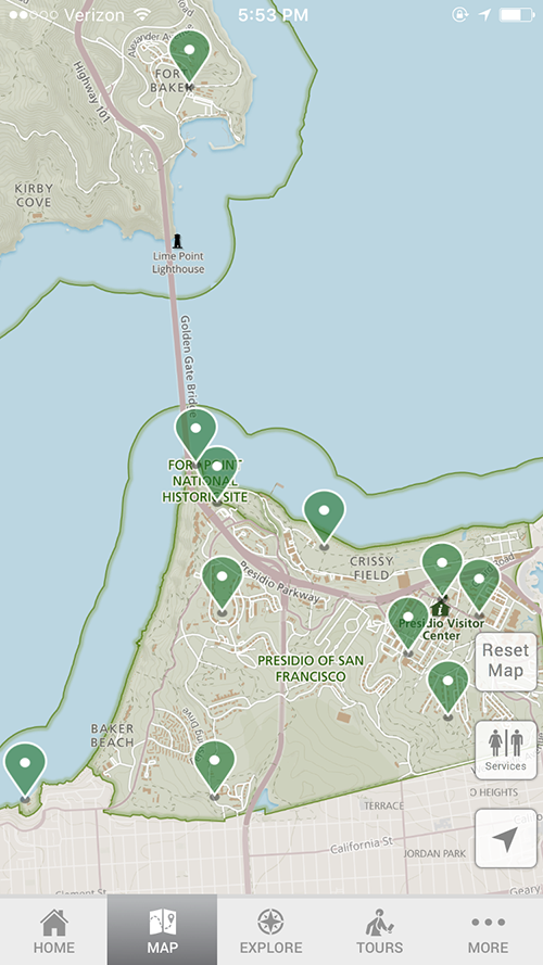 Park Mobile Golden Gate map tab screenshot of the Presidio